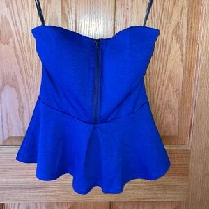 Blue, strapless, flared top with zipper; forever 21; size: small